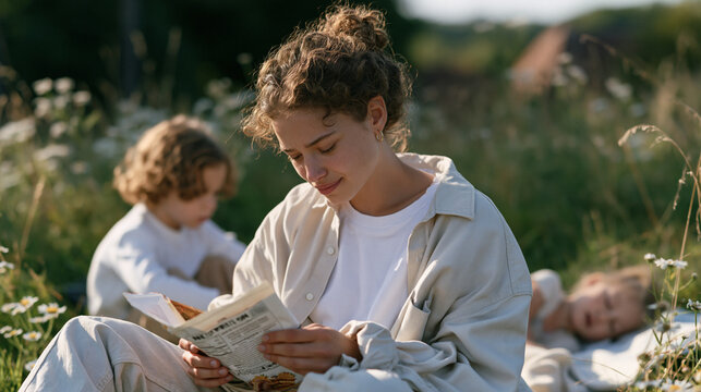 teenage babysitter outdoors in dappled woodland light reading the back of a packaged snack with furrowed brow and a cautious expression studying misleading nutrition claims on a