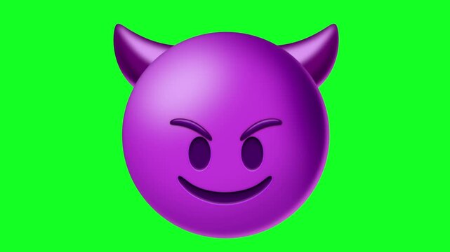 3D Animated Purple Devil Emoji Rotating on Green Screen Background for Mischievous Concept