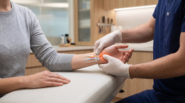 Carpal Tunnel Syndrome and Wrist Pain With Median Nerve Anatomy Overlay During Medical Examination