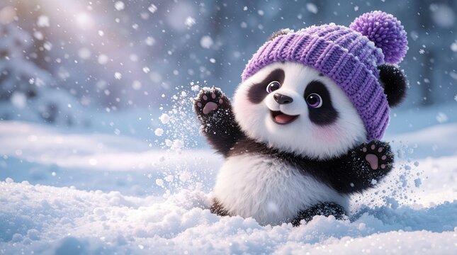 Cute cartoon panda in purple hat plays happily in falling snow. Adorable fluffy animal enjoys winter weather, throwing snow with paws. White snowflakes drift around cheerful bear character.