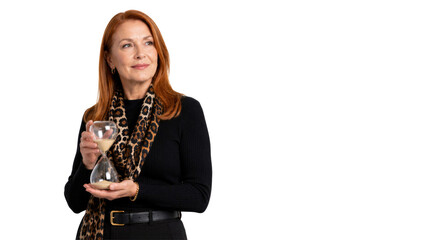 Fototapeta premium Woman holding hourglass looking at camera. Business concept, time management, deadline, productivity, corporate.