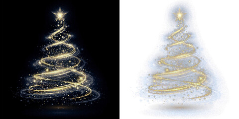 Abstract golden glowing Christmas tree effect with glittering swirl lights and star, isolated PNG overlay on transparent background for holiday design. © Tatyana