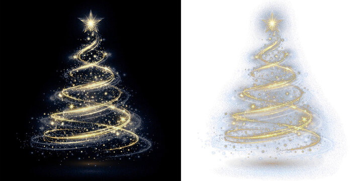Abstract golden glowing Christmas tree effect with glittering swirl lights and star, isolated PNG overlay on transparent background for holiday design.