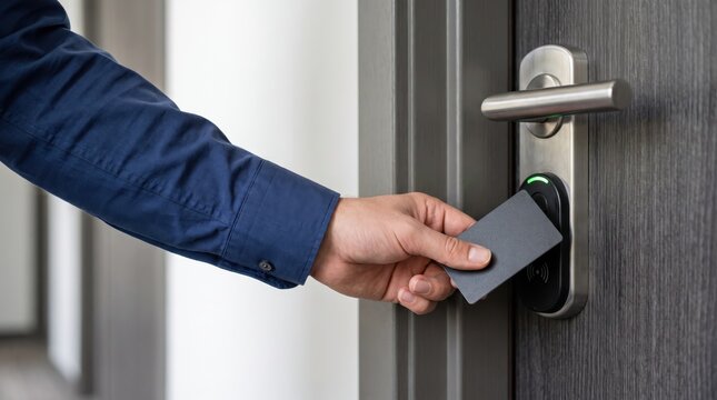 A man stands at a hotel door using a key card to unlock it. The setting is inside a modern hotel. The scene shows a check-in process. The focus is on the man's hand and the door handle