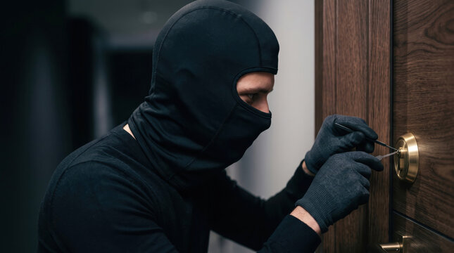 A person in a black mask is using tools to pick a lock on a door in a dim hallway. The scene shows a tense moment at night with little light around