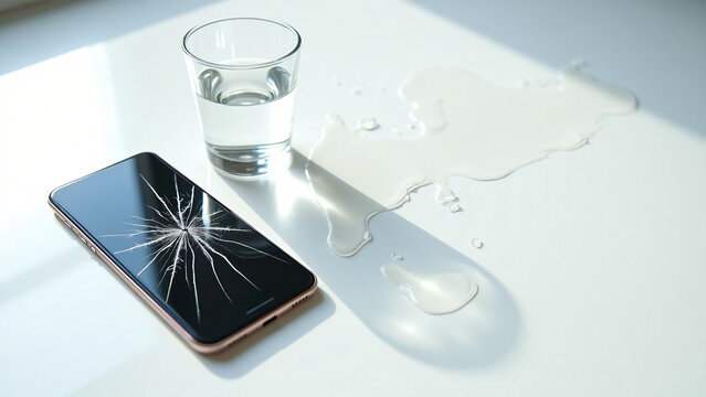 Cracked Phone Next to Water Spill Showing Damage and Liquid