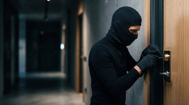 A person wearing a mask is attempting to pick a lock on a door in a dimly lit hallway. The scene shows a focus on stealth and caution