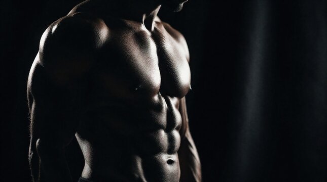 Muscular man torso with defined abs and chest muscles posed against dark background. Athlete shows shredded physique highlighting intense gym workout and dedication.