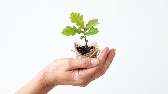 Hand holding a small oak sapling in burlap pot symbolizing growth and new beginnings