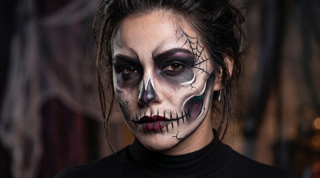 Portrait of young woman with scary Halloween skull face makeup and spider web on dark cobweb background