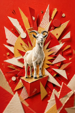 Layered paper collage of a goat in red and gold marking the Chinese year of the goat 2027