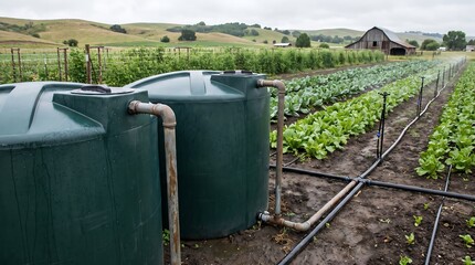 Obraz premium Large green water storage tanks on a sustainable farm with crop irrigation system.