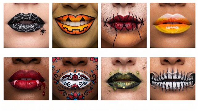 Set of eight diverse female Halloween lip makeup art portraits, scary mouth face paint designs, skeleton vampire pumpkin stitched lips, collage isolated