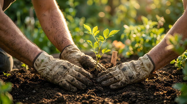 Gardener hands wearing protective gloves planting small green tree sapling soil