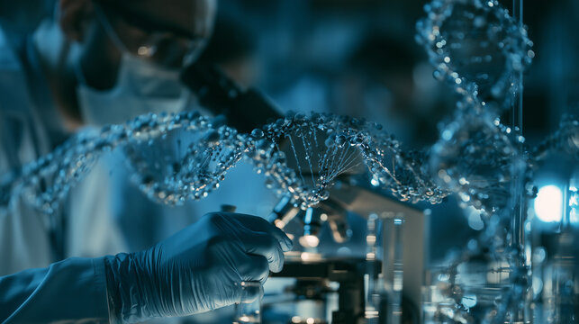 Modern research laboratory with scientists examining DNA strands and cancer cells under a microscope, symbolizing advanced cancer research and new therapies including immunotherapy