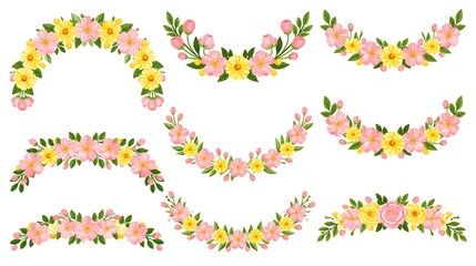 Fototapeta premium Floral arch garlands and blooming flower borders set for wedding and spring decoration on white background