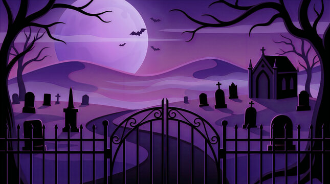Creepy halloween graveyard landscape featuring spooky cemetery gates tombstones mausoleum full moon, halloween