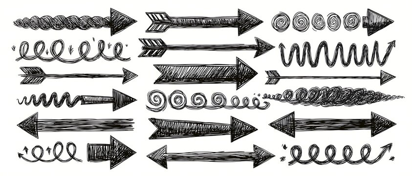 Hand drawn grunge arrows, curls and decorative doodle lines set on white background