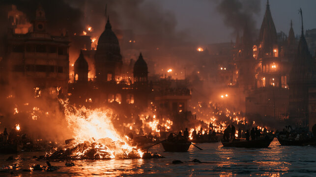 A dramatic scene at Manikarnika Ghat in Varanasi, capturing the ancient cremation rites along the sacred Ganges River. A funeral pyre burns intensely in the foreground, flames risi