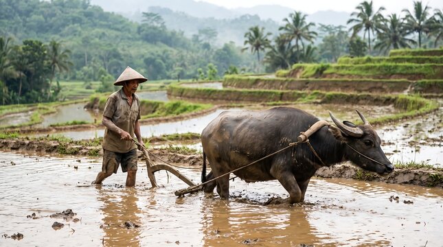 Asian farmer ploughing a flooded rice field with a water buffalo in traditional rural landscape.