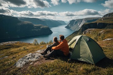 Fototapeta premium Adventurous couple sits by green tent on rocky hill. Admire scenic fjord view in Norway. Man in orange jacket, woman look at blue water, mountains under cloudy sky. Outdoor camping trip in nature.
