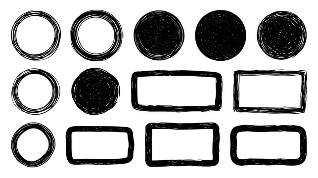 Hand drawn grunge borders and textured scribble frames set with filled circles on white background