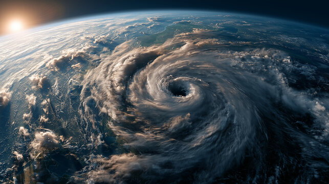 Massive hurricane cyclone viewed from space over Earth, realistic orbital storm system with swirling cloud bands, deep eye, blue atmosphere and dramatic extreme weather science vis
