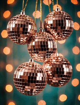 Five reflective disco balls hang by gold strings against a teal background with bokeh lights. They sparkle and gleam with multicolored facets, creating a festive party atmosphere.