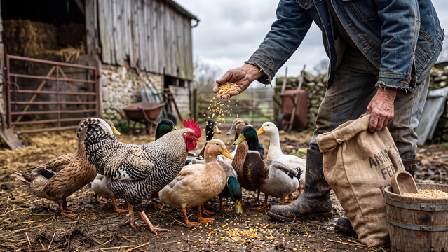 Farmer feeding a cock duck and hens with grain in a rustic barnyard