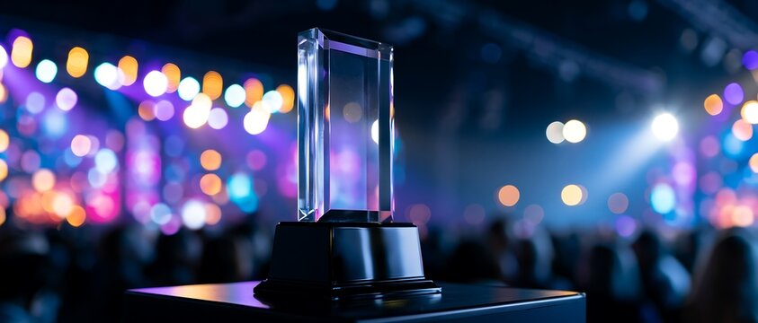 Crystal glass trophy award on stage with colorful bokeh lights at ceremony celebration