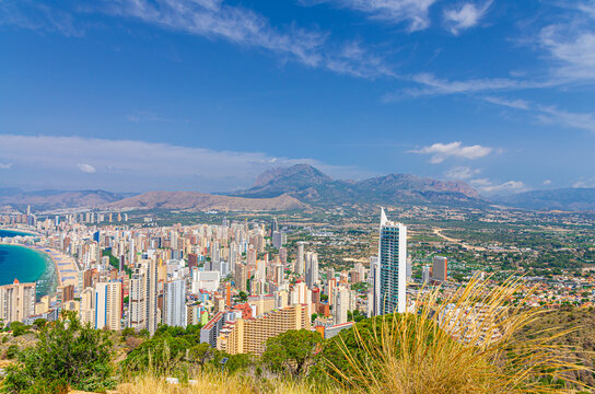 Benidorm cityscape, aerial panoramic view of Old town Benidorm city historic centre coastline with skyscrapers, hotel buildings, beach on Costa Blanca coast Mediterranean Sea in summer day, Spain