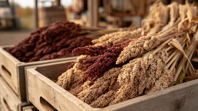 Harvested red and white sorghum seed heads piled in rustic wooden crates at a farm market during the autumn harvest season