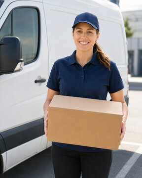 Friendly female delivery driver in navy uniform carrying an unmarked cardboard package beside a clean white cargo van in a bright outdoor loading area