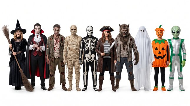 Large group of diverse people wearing classic Halloween costumes witch vampire zombie mummy skeleton pirate werewolf ghost pumpkin and alien isolated on white background