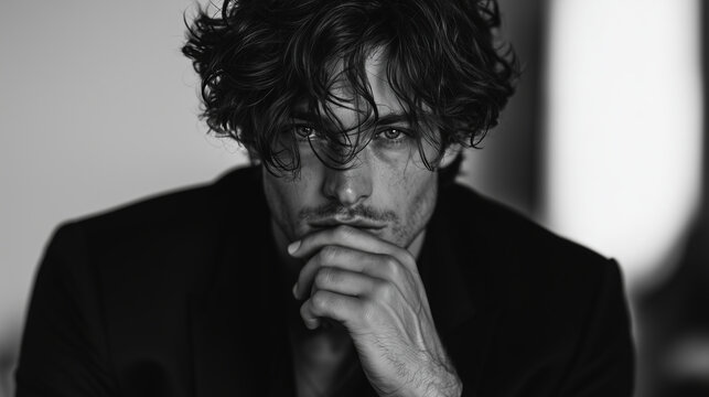 A striking young male model in a fitted suit poses with effortless charm. His tousled hair and piercing eyes create a dynamic blend of high fashion and contemporary elegance.male m