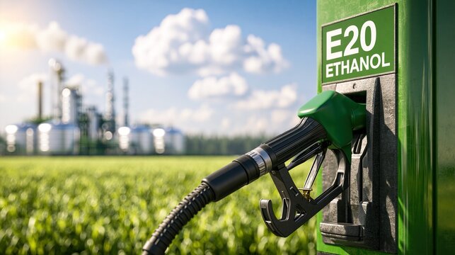 Fuel pump dispensing nozzle sits at an ethanol biofuel station.