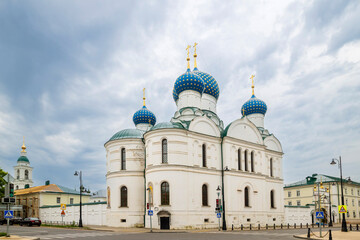 Uglich, Russia. Epiphany Cathedral of the Bogoyavlensky Convent A majestic white-stone Russian Orthodox cathedral with striking blue domes adorned   © elenarostunova