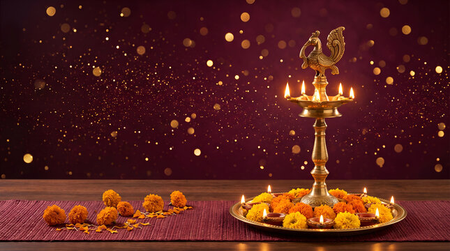 Hindu Festival Banner With Deepavali Banner With Ornate Brass Five Flame Deepam 