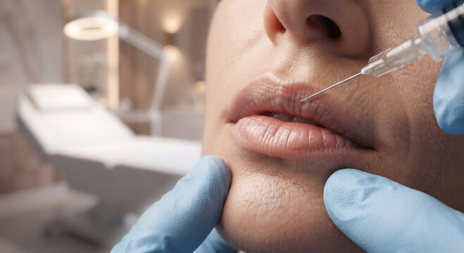 Macro close-up view of a professional lip filler injection procedure performed by a specialist in an aesthetic medical clinic