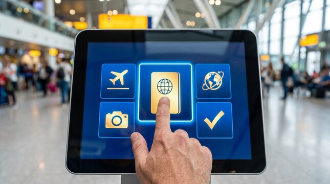 Travel kiosk check-in, finger touching digital tablet interface screen, airport terminal touchscreen application, self-service booking system, vacation planning technology