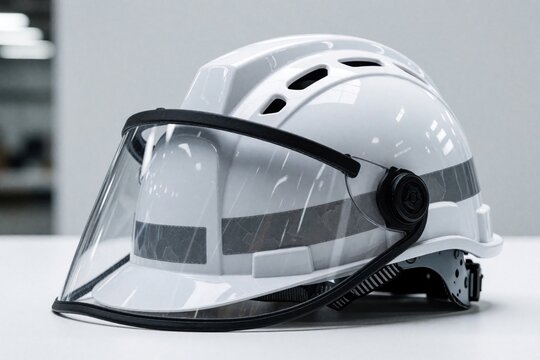 White safety helmet with clear protective visor on white surface. Industrial hard hat for construction worker engineer provides head protection. Modern gear for heavy duty work, site safety,