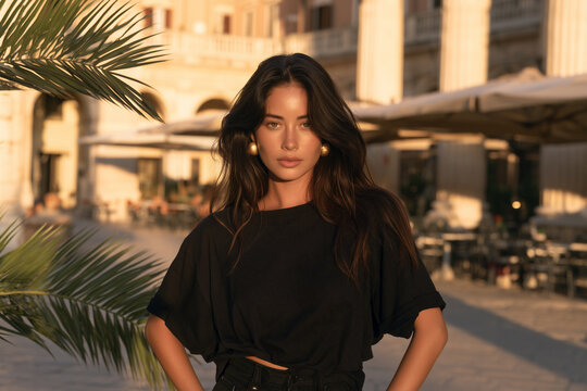 young woman with curly brown hair in a city alley, stylish brunette woman wearing casual clothes and silver hoop earrings, attractive young brunette standing outdoors in an urban setting