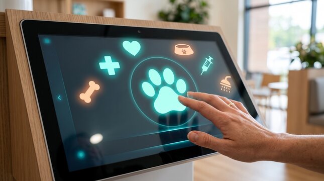 Touch screen veterinary kiosk interface design, veterinary portrait online booking system, veterinary mobile app icons design, paw print digital touchpad for pet care clinic