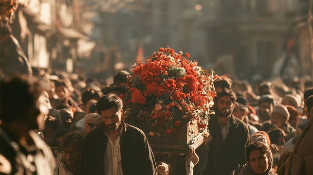 solemn Indian funeral procession moving slowly through a crowded village street, with dozens of mourners gathered closely around a flower-covered coffin. The casket is adorned