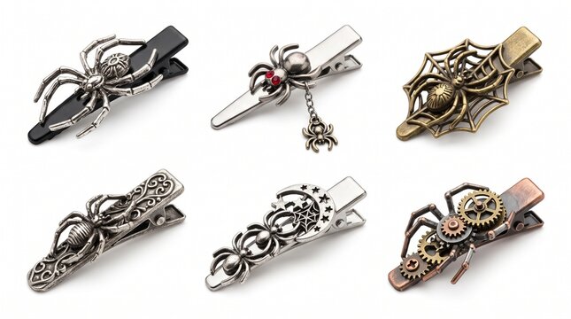 Set of gothic steampunk spider and cobweb metal hair clips Halloween accessories isolated on white background