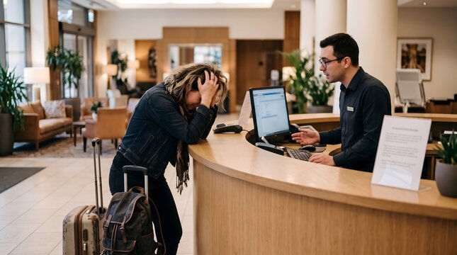 Stressed female hotel guest standing at the lobby reception desk with travel luggage feeling overwhelmed by travel issues or lost, check