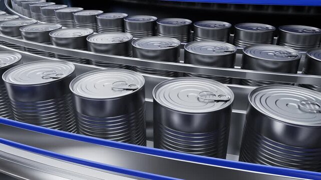 Tin cans moving on automated industrial conveyor belt in food factory
