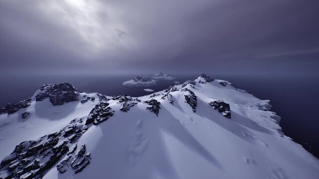 low light aerial panorama over icy ridge, sweeping composition with long shadows, twilight glow on snow, cinematic mood and coastal expanse