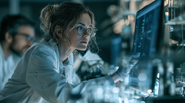 Female researcher examining DNA data on computer monitor, male colleague working nearby, modern laboratory with advanced equipment and glassware. woman scientist DNA research, labo