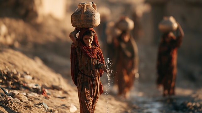 group of women in Afghanistan carrying heavy water jugs on their heads through dusty village path, dry terrain with litter and cracked ground, sunlit brown tones creating contrast